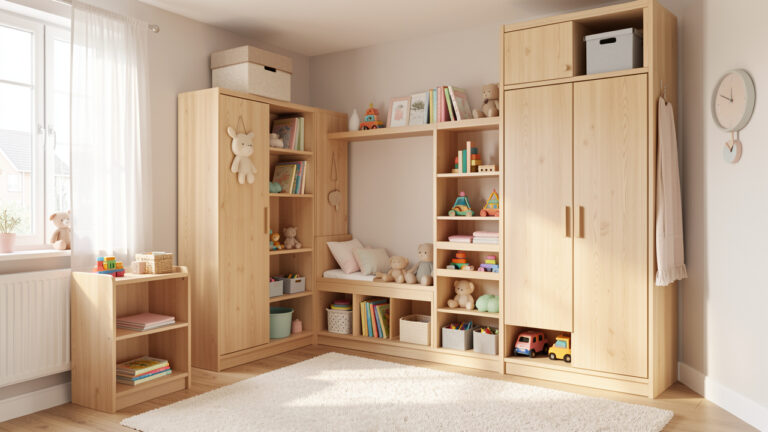 Chambre d’enfant lumineuse avec mobilier en bois clair, rangements bas intégrés, ambiance douce et pratique, rangements bien organisés.