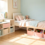 Aménagement chambre enfant : 8 éléments à prévoir pour une pièce vraiment fonctionnelle Chambre d’enfant lumineuse avec rangements bas, coin lecture confortable, décoration douce et mobilier fonctionnel, éclairée par une lumière naturelle.