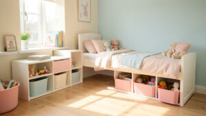 Chambre d’enfant lumineuse avec rangements bas, coin lecture confortable, décoration douce et mobilier fonctionnel, éclairée par une lumière naturelle.