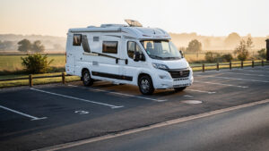Camping-car blanc stationné discrètement sur une aire dédiée au lever du soleil, avec des emplacements et des repères de stationnement visibles.
