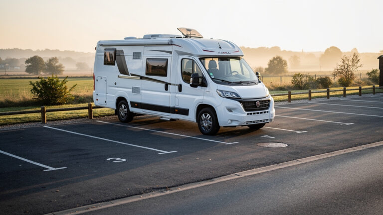 Camping-car blanc stationné discrètement sur une aire dédiée au lever du soleil, avec des emplacements et des repères de stationnement visibles.
