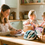 Budget après séparation : retrouver de l’air sans supprimer les sorties des enfants Une mère seule organise sereinement les finances du foyer pendant que deux enfants préparent leurs affaires pour une sortie.