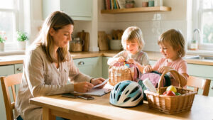 Une mère seule organise sereinement les finances du foyer pendant que deux enfants préparent leurs affaires pour une sortie.