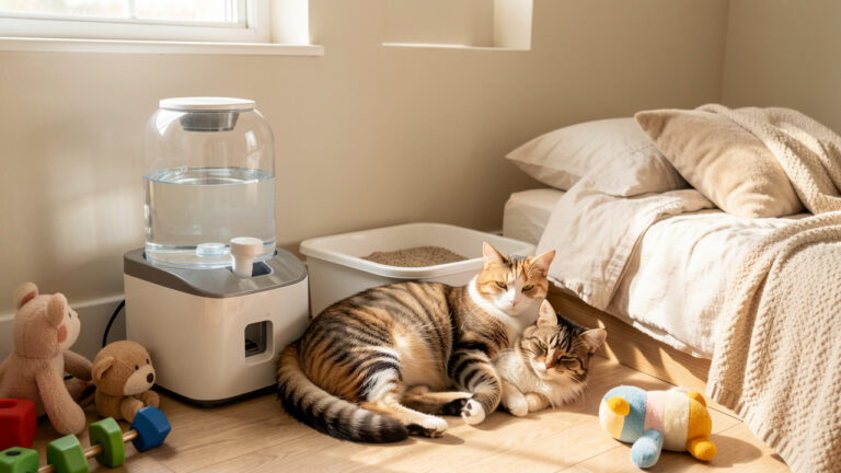 Chat détendu dans un intérieur soigneusement préparé avec eau fraîche, distributeur de nourriture, litière propre et couchage confortable.