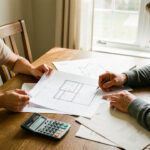 Comment un taux de crédit immobilier à 4 % réduit-il votre capacité d’achat ? Un homme et une femme consultent des documents vierges, une calculatrice et des plans de maison autour d’une table, dans une pièce éclairée par la lumière naturelle.