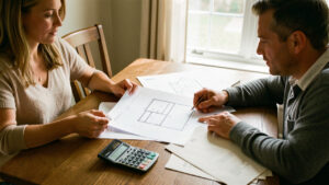 Un homme et une femme consultent des documents vierges, une calculatrice et des plans de maison autour d’une table, dans une pièce éclairée par la lumière naturelle.