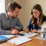 Un homme et une femme examinent un projet de financement immobilier autour d’une table avec une calculatrice, des documents financiers vierges et une maquette de maison, dans une lumière naturelle.