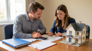 Un homme et une femme examinent un projet de financement immobilier autour d’une table avec une calculatrice, des documents financiers vierges et une maquette de maison, dans une lumière naturelle.
