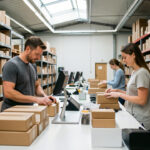 Quels prestataires logistiques choisir pour protéger l’image de votre entreprise ? Entrepôt e-commerce moderne où un homme et une femme préparent soigneusement des colis et vérifient la qualité des produits dans une ambiance professionnelle.