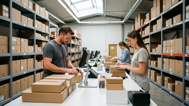 Entrepôt e-commerce moderne où un homme et une femme préparent soigneusement des colis et vérifient la qualité des produits dans une ambiance professionnelle.