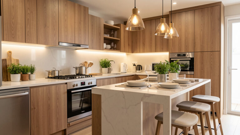 Petite cuisine ouverte bien organisée, avec plans de travail dégagés, rangements astucieux, îlot central et éclairage chaleureux pour recevoir sans encombrement.