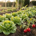 Petit potager familial à Réalmont au printemps, avec des rangs de laitues, de radis et de jeunes plants de tomates éclairés par une douce lumière matinale.