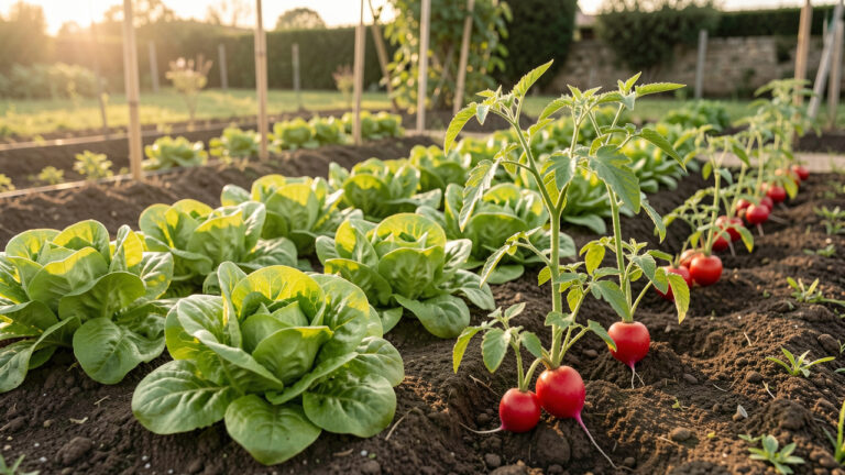 Petit potager familial à Réalmont au printemps, avec des rangs de laitues, de radis et de jeunes plants de tomates éclairés par une douce lumière matinale.