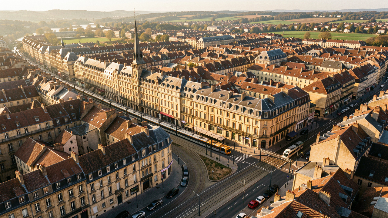 Vue aérienne réaliste de Dijon montrant le centre historique, les toits bourguignons et les lignes de tramway baignés par la lumière dorée de fin d’après-midi.