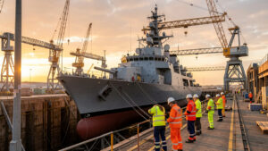 Vue réaliste d’un grand chantier naval au lever du jour, avec une frégate en construction dans une cale sèche, des ouvriers casqués, des grues et de grandes structures métalliques.