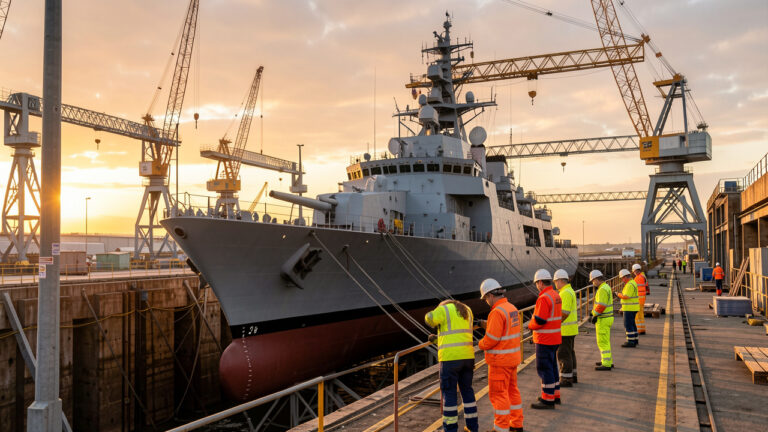 Vue réaliste d’un grand chantier naval au lever du jour, avec une frégate en construction dans une cale sèche, des ouvriers casqués, des grues et de grandes structures métalliques.
