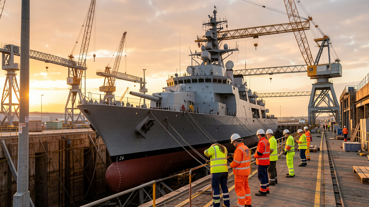 Vue réaliste d’un grand chantier naval au lever du jour, avec une frégate en construction dans une cale sèche, des ouvriers casqués, des grues et de grandes structures métalliques.