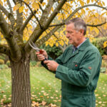 Quels 5 arbres choisir pour une taille d’automne avant les dégâts de l’hiver ? Un jardinier examine les branches d’un arbre mature aux feuilles jaunes avec un sécateur dans un jardin familial en automne, sous une lumière douce.