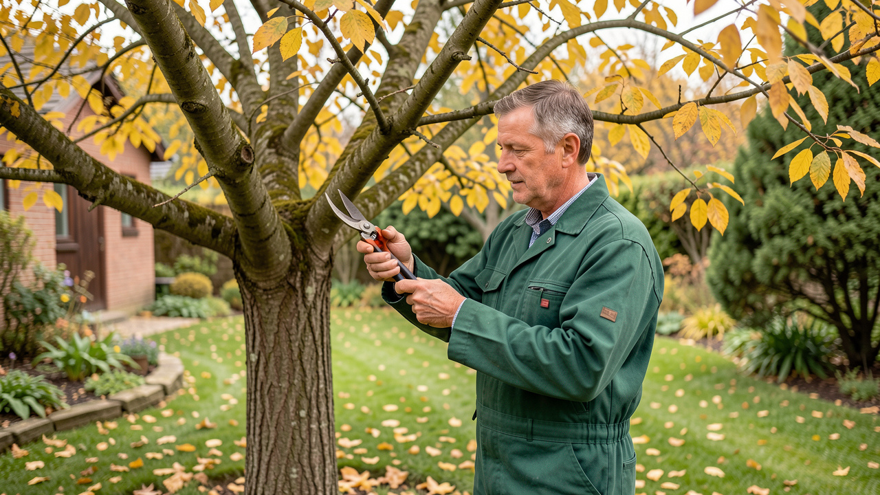 Un jardinier examine les branches d’un arbre mature aux feuilles jaunes avec un sécateur dans un jardin familial en automne, sous une lumière douce.