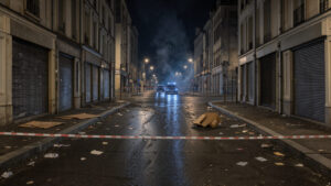 Rue française déserte de nuit après des troubles urbains, avec des véhicules de police non identifiables au loin, de la rubalise rouge et blanche, une légère fumée et des reflets sur la chaussée mouillée.