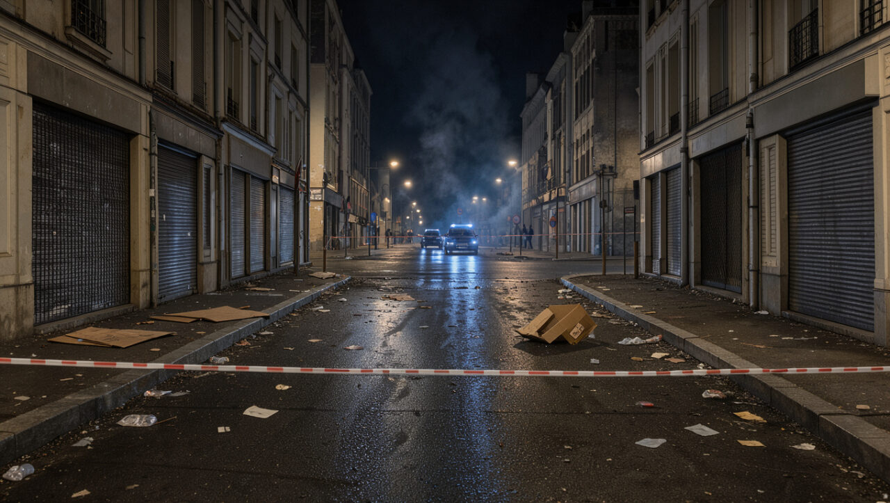 Rue française déserte de nuit après des troubles urbains, avec des véhicules de police non identifiables au loin, de la rubalise rouge et blanche, une légère fumée et des reflets sur la chaussée mouillée.